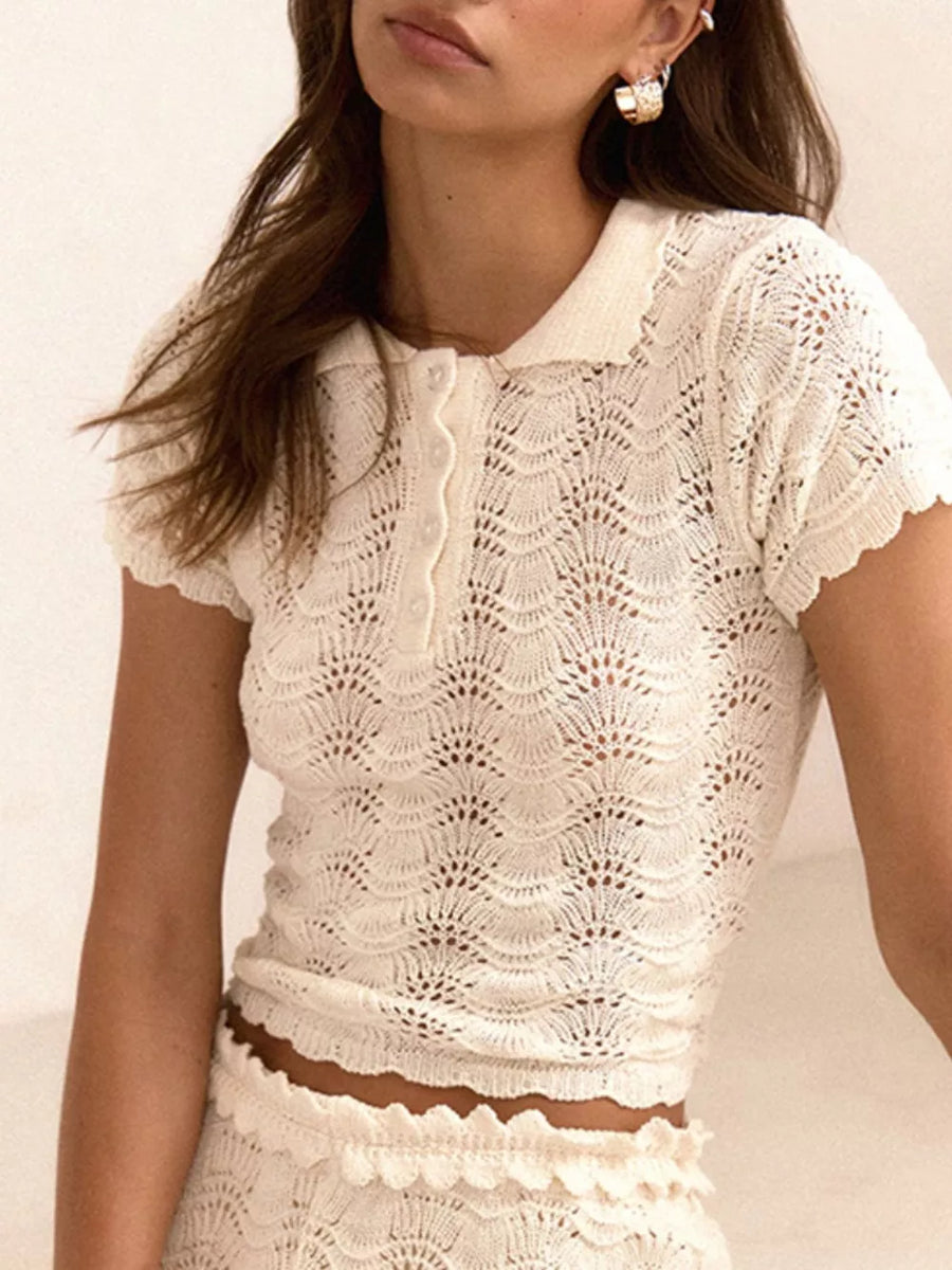 White Openwork Crochet Knit Polo Top And Shorts Set