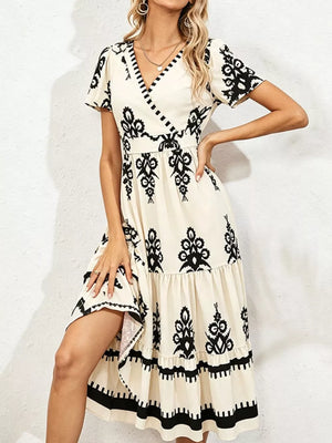 Blue Printed Surplice Short Sleeve Dress