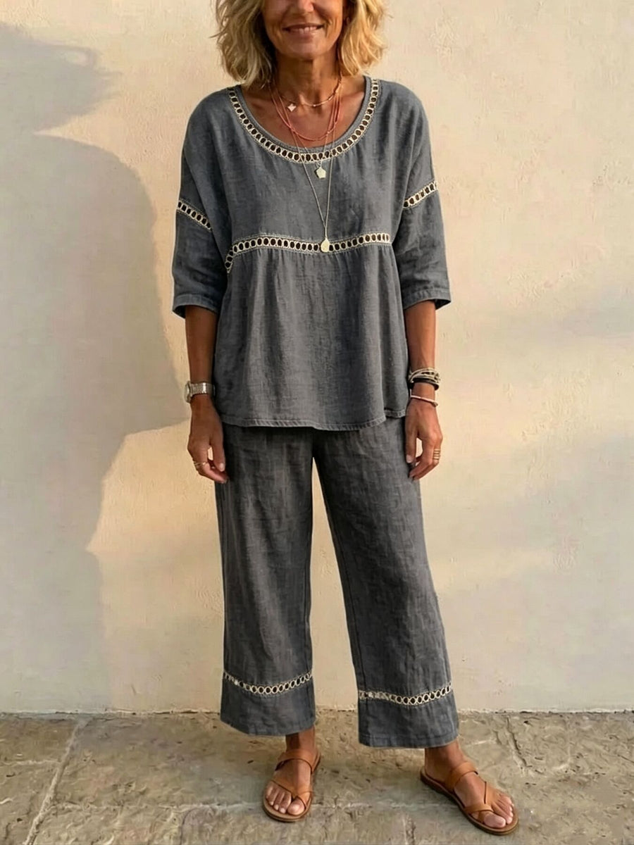 Full Size Hollow-Out Top And Pants Set in Light Blue with cutout