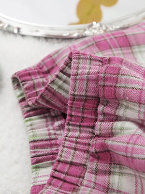 white pajama set with button-front, elastic and plaid