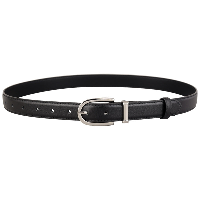 Black cowhide leather belt with silver buckle and accent detail