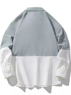 Two-tone oversized casual shirt in French Blue and White, color-block button-down with long sleeves.