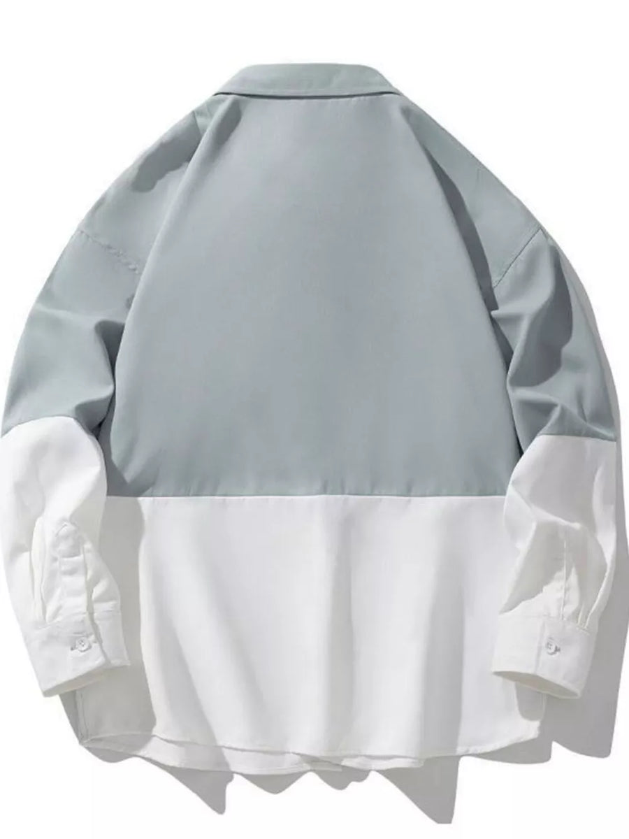 Two-tone oversized casual shirt in French Blue and White, color-block button-down with long sleeves.