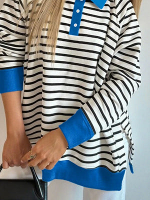 Polo collar long-sleeve sweatshirt with black and white stripes, blue collar, cuffs, and hem.