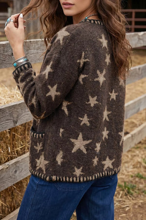 Coffee Brown, Stars Pattern Colorblock Long Sleeve Cardigan in Coffee Brown