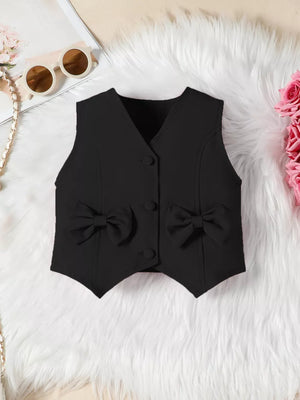 Black baby vest with two bowknot details and button front