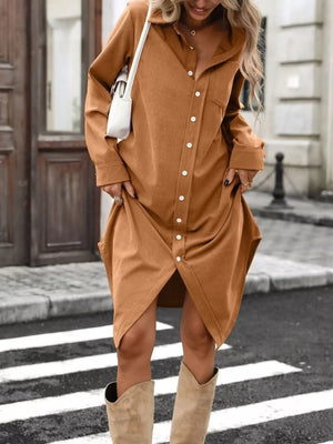 shirt dress in camel with ribbed and buttoned