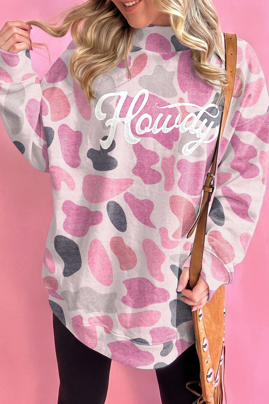light pink sweatshirt featuring stretchy and camo