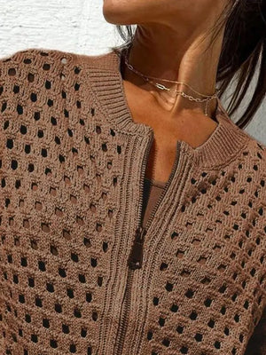 Light Gray cardigan featuring zipper and openwork