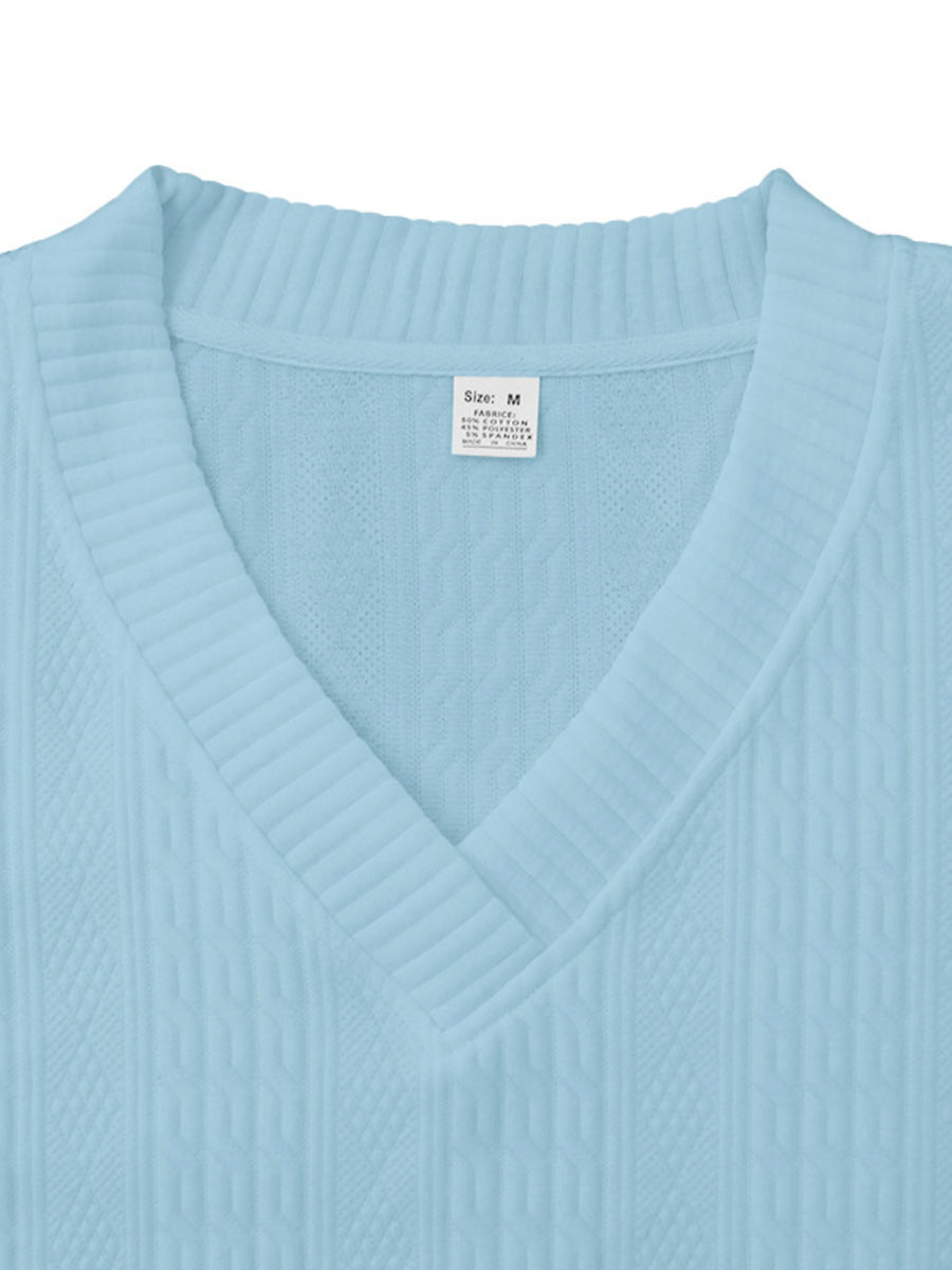 Sky blue cable-knit v-neck sweater with textured pattern and ribbed trim.