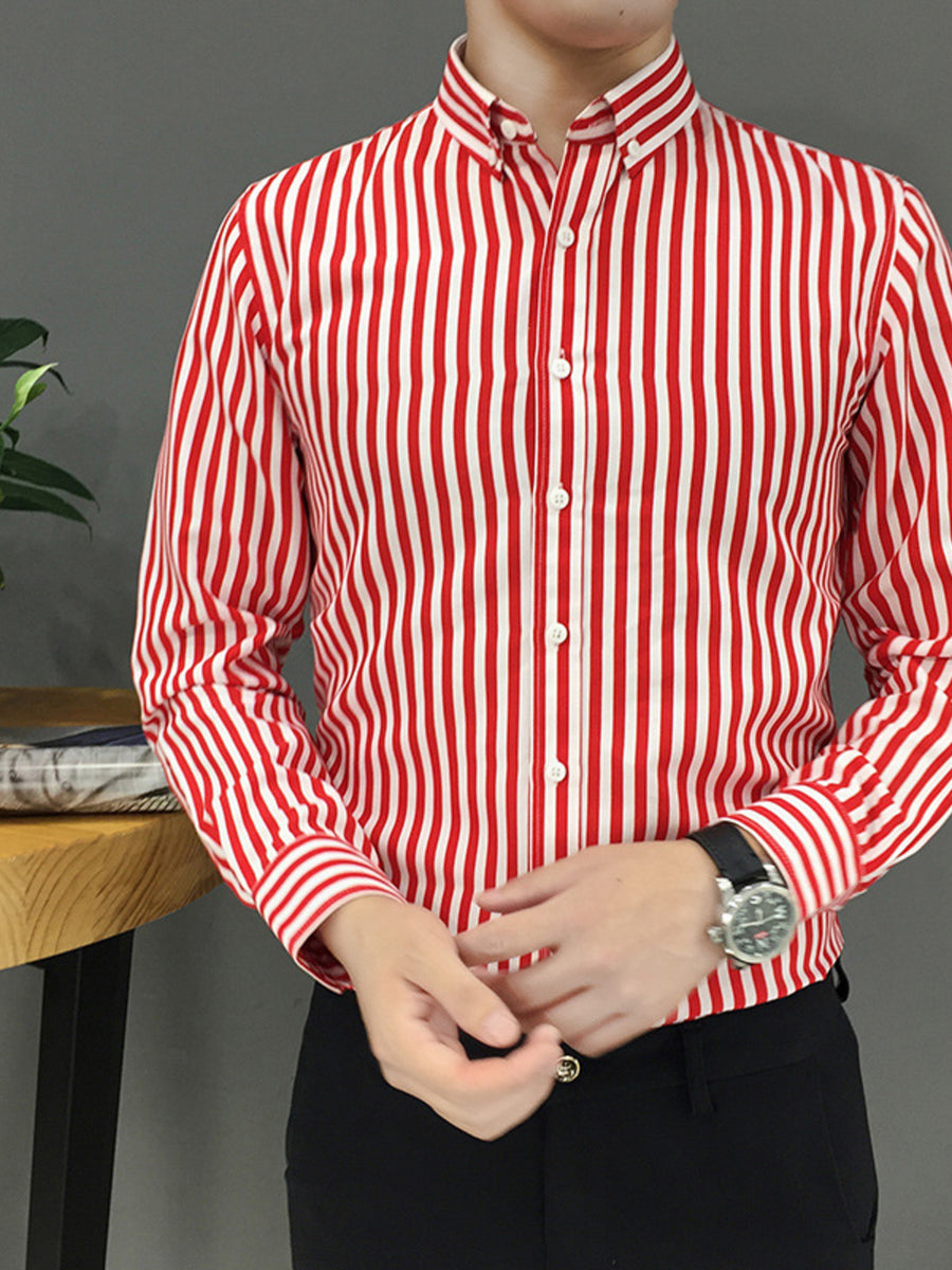 Men's red and white striped cotton button-up shirt with button-down collar.