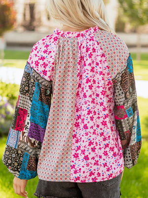 Boho floral drop shoulder blouse with patchwork sleeves in fuchsia pink.