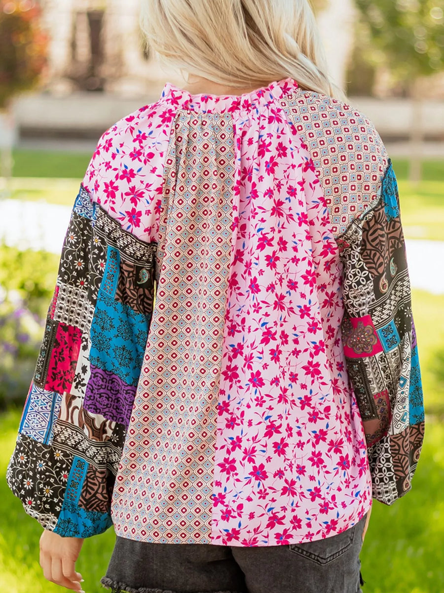 Boho floral drop shoulder blouse with patchwork sleeves in fuchsia pink.