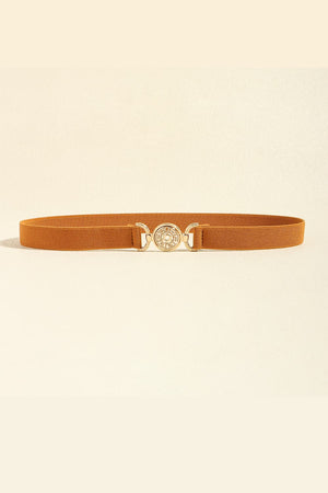 Caramel elastic belt with medallion buckle and alloy details