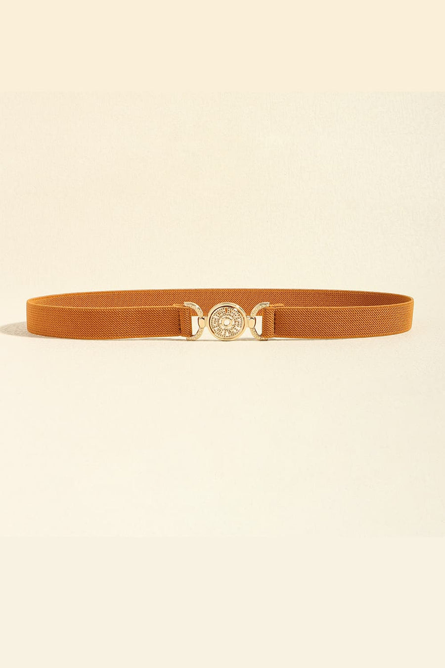 Caramel elastic belt with medallion buckle and alloy details
