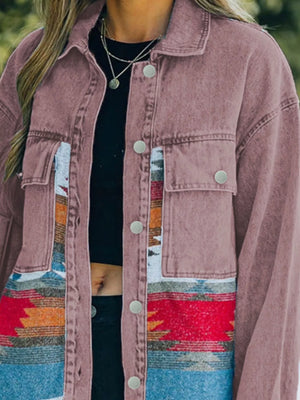Oversized trucker jacket in mauve with Aztec print panels and button front.