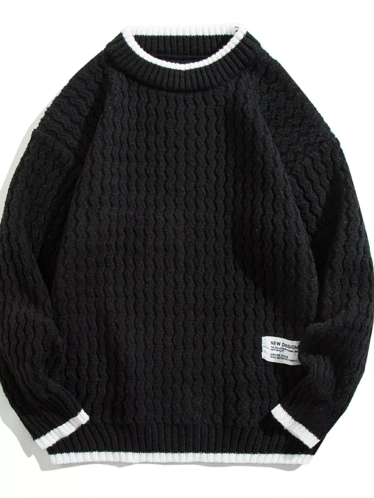 Black textured knit sweater with white trim on collar and cuffs.