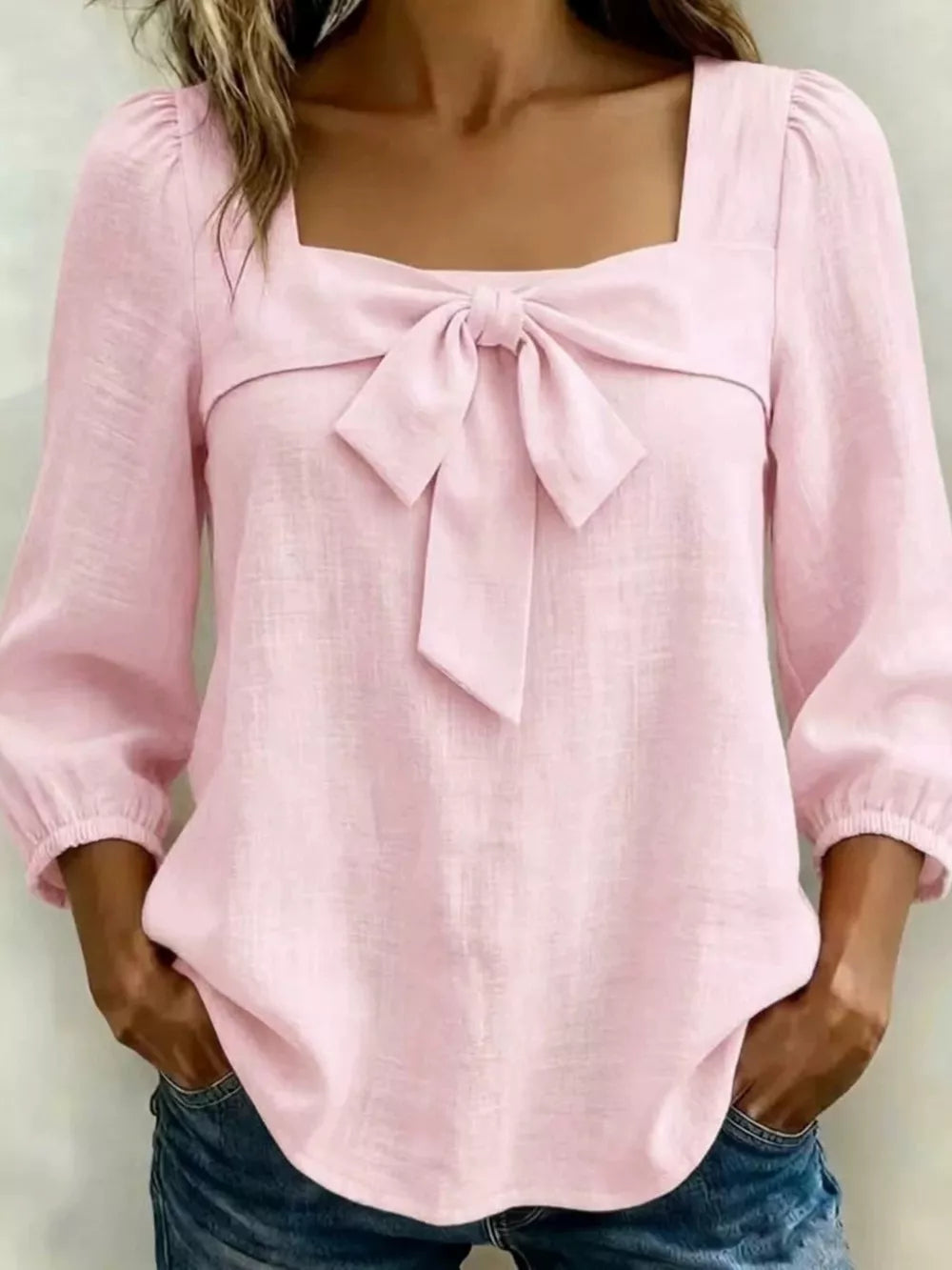 Full Size Bow Front Square Neck Blouse Plus Size in Red