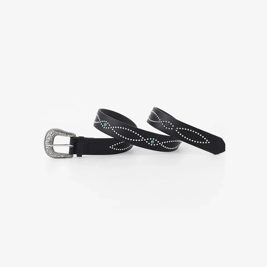 Black faux leather belt with silver studs and turquoise accents, antique buckle detail