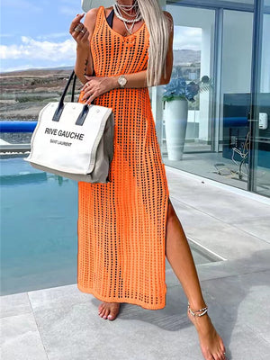 Orange open-knit maxi cover-up with V-neck and high slit, perfect for beachwear.