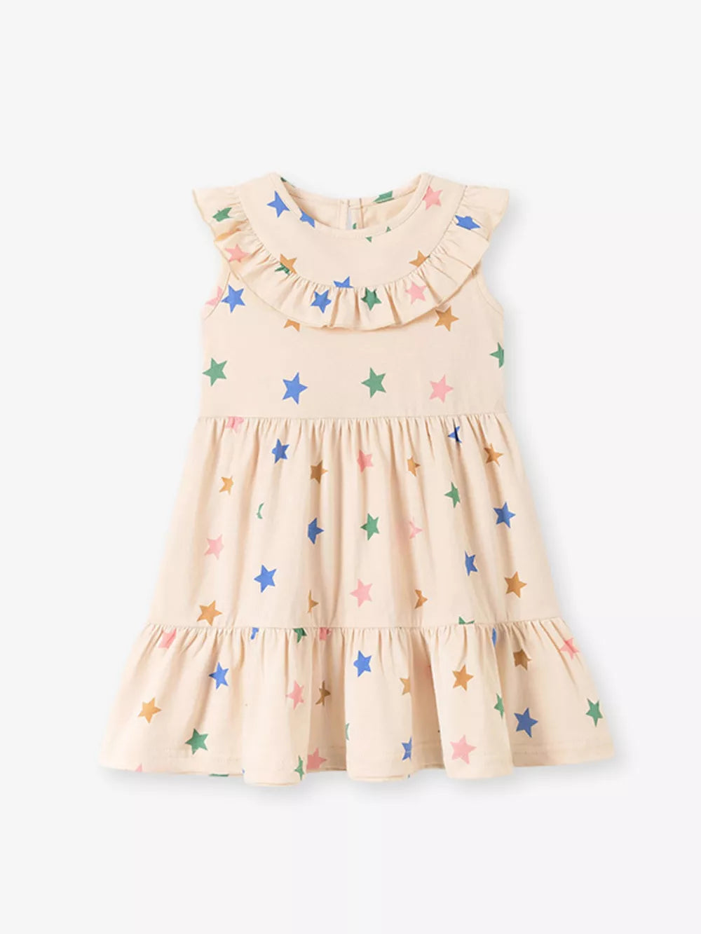 Beige cotton toddler dress with star print, ruffled collar and hem.