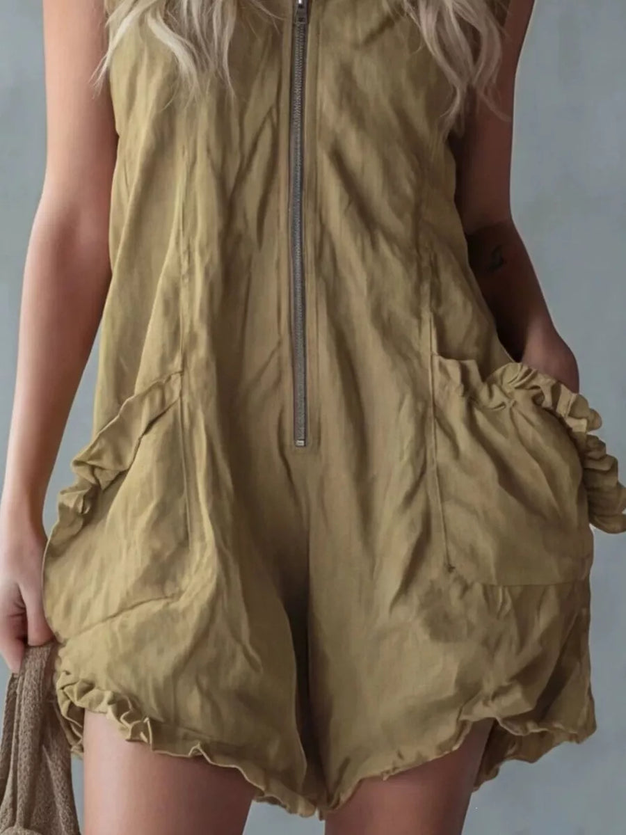 Khaki hooded sleeveless romper with zip front and ruffled pockets.
