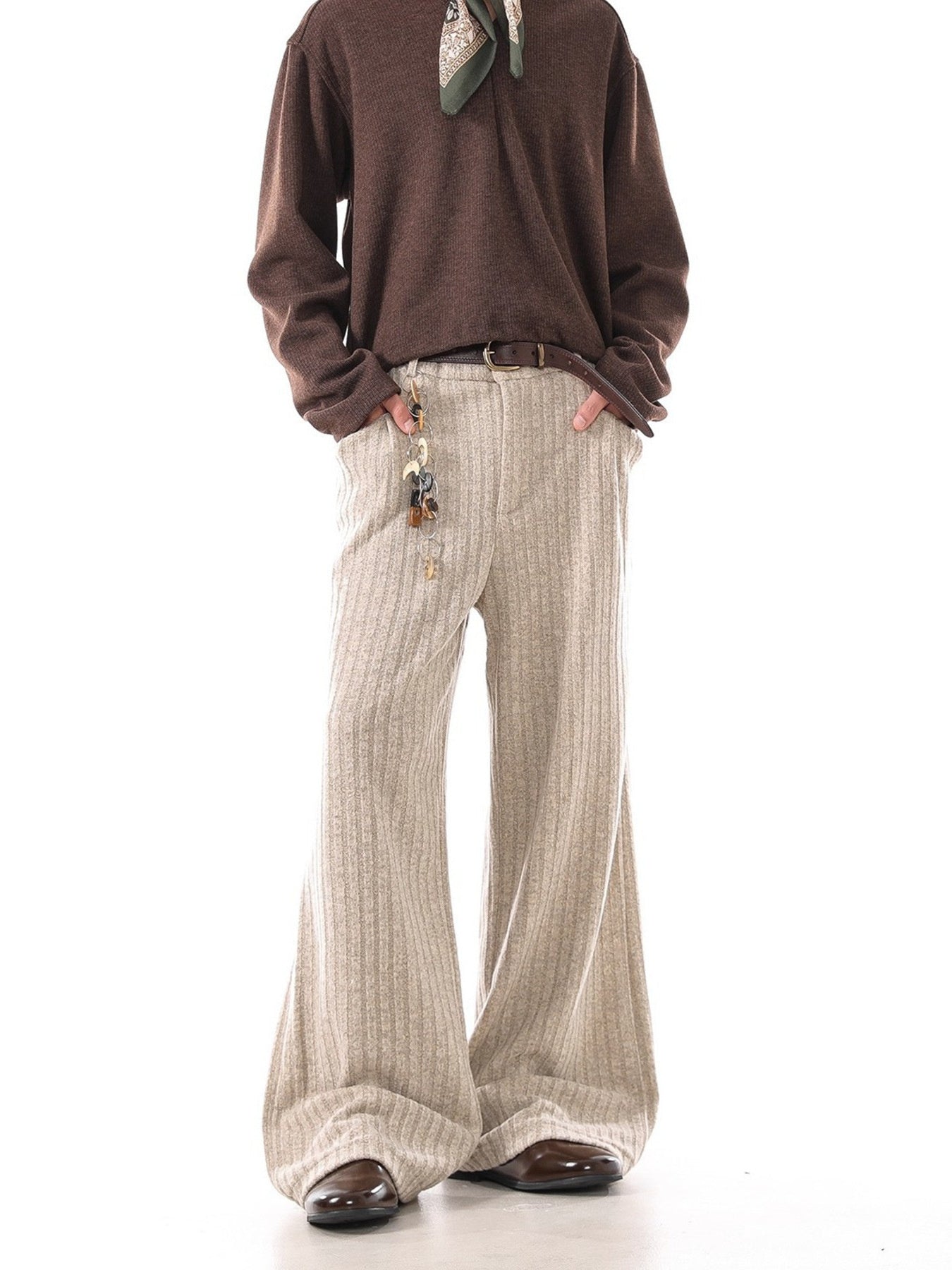 Premium Plus Size Ribbed Sweatpants in Khaki with a wide leg and flared hem.