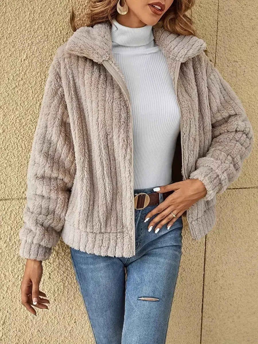 100% polyester Care instructions: Machine wash cold faux fur coat in Khaki with regular silhouette