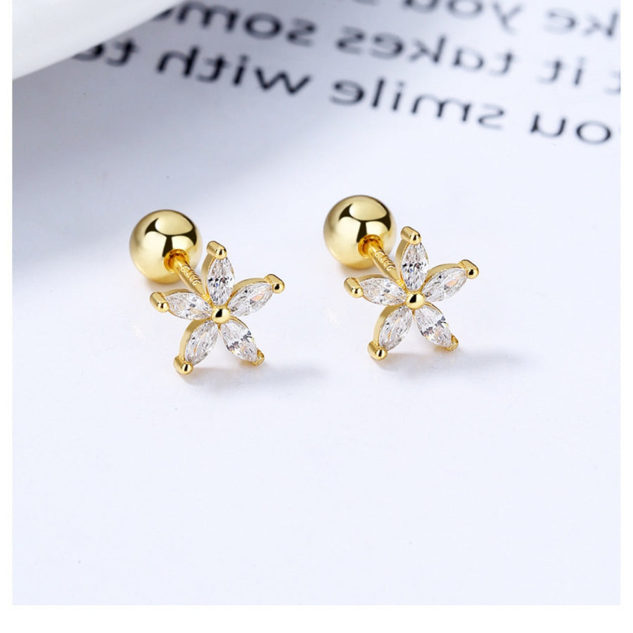 Gold flower stud earrings with clear marquise-cut stones, 925 sterling silver.
