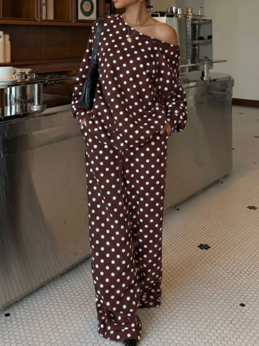 pajama set in Brown with boat neck and long sleeve