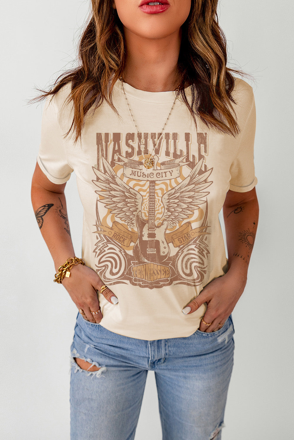 Oakland Frontier Crew Tee in Khaki with Nashville Music City graphic print.