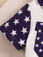 Baby bodysuit with navy sleeves and white stars, and a white front panel with a patriotic graphic.