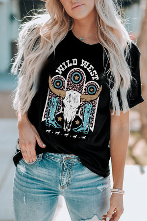 Black crewneck tee with Wild West graphic featuring bull skull and cowboy boots.
