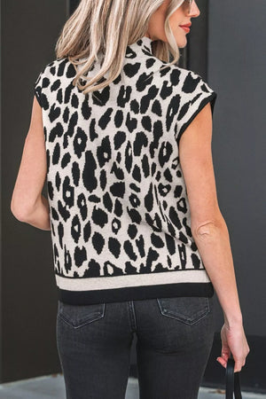cream mock neck sweater featuring stretchy and leopard print