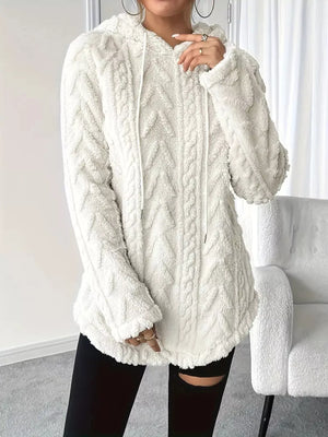 White textured fleece hoodie with cable knit pattern and drawstring hood.
