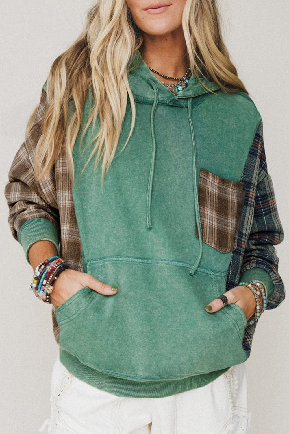 sage green pullover hoodie with plaid and hooded
