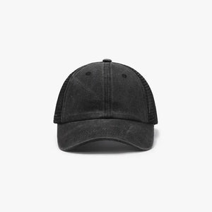 Black vintage wash trucker hat with mesh back