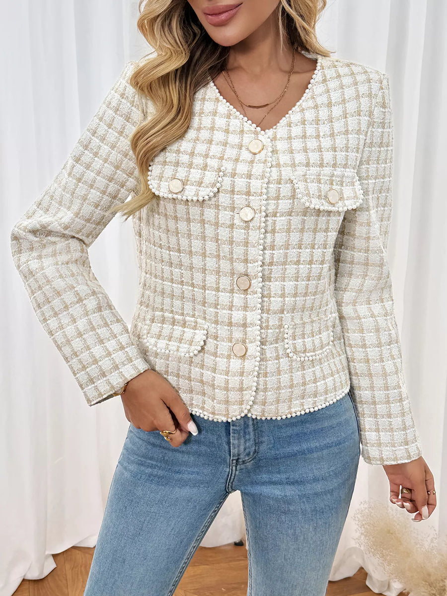 Pearl trim tweed jacket in apricot with button up front and pocket details.