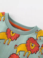 Toddler set with allover yellow lion graphic on light blue cotton blend fabric.
