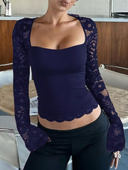 Navy blue lace-embellished square neck t-shirt with a cropped hem and bell sleeves.