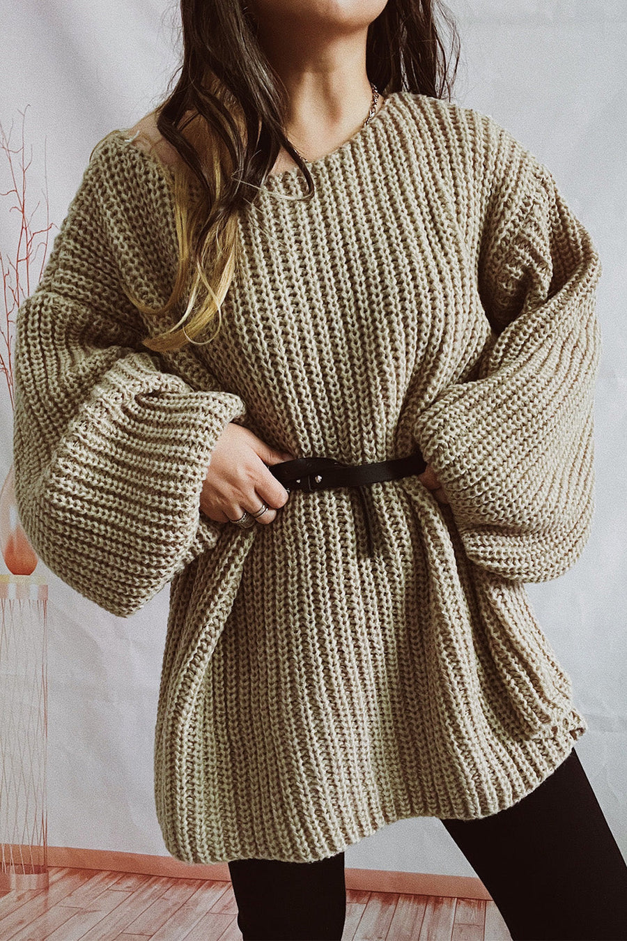 Mocha oversized ribbed knit belted mini dress with balloon sleeves.
