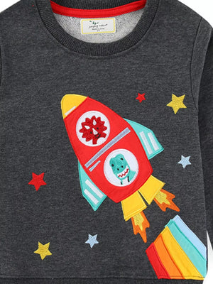 Dark gray crew neck sweatshirt with embroidered rocket, dinosaur, and stars.