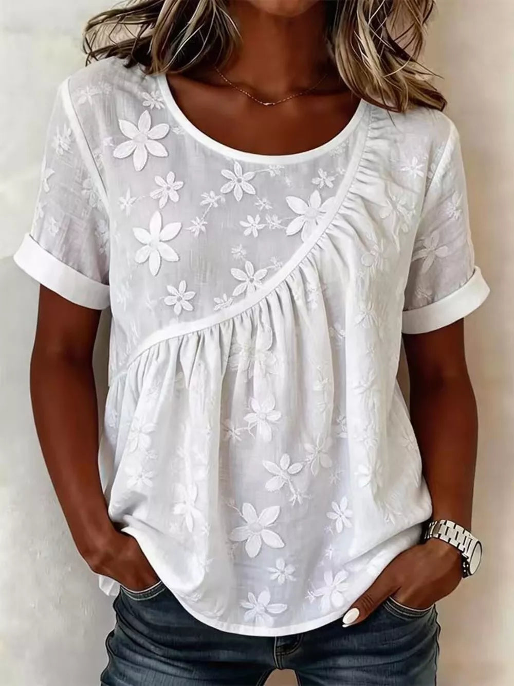 White Floral Embroidered Round Neck Short Sleeve Top Plus Size