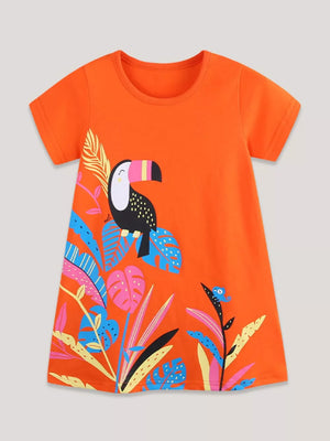 Orange cotton toddler dress with toucan and tropical leaf print.