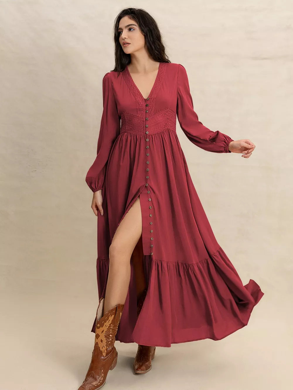Burgundy maxi dress with balloon sleeves, V-neck, button front, and tiered hem.