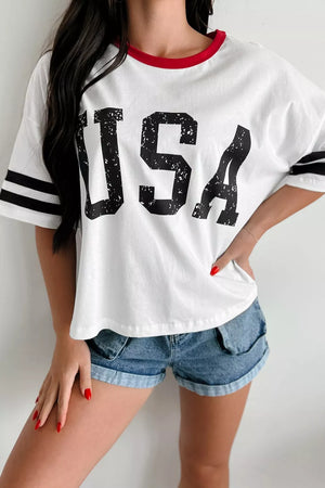 White cotton crew neck t-shirt with distressed USA graphic and varsity stripes on sleeves.