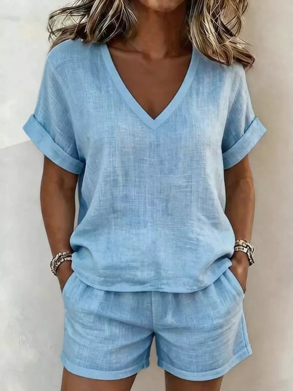 lounge set in sky blue featuring pocketed and relaxed fit