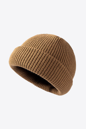 Folded edge ribbed knit beanie in brown acrylic, a casual accessory.