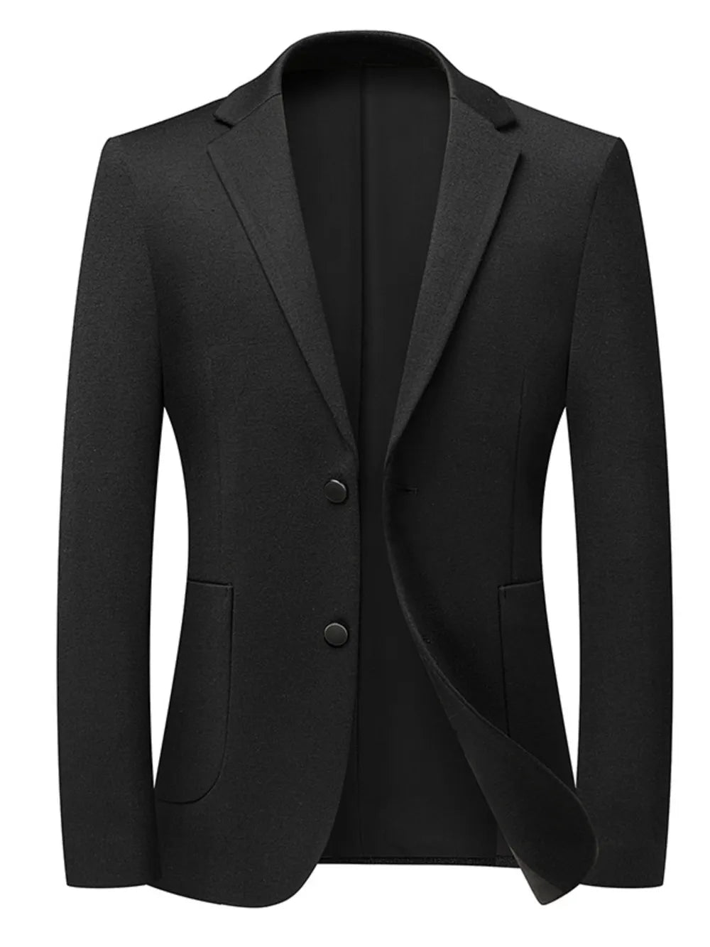 Men's black two-button acrylic sport jacket with notched lapels and flap pockets.