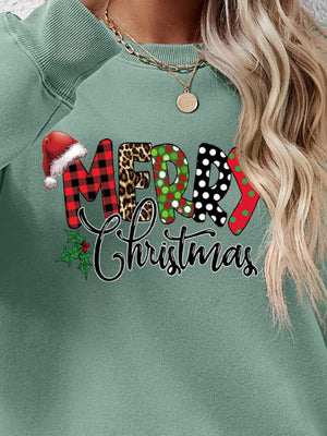 Festive graphic sweatshirt in Sage with Merry Christmas print, Santa hat detail, and holly.